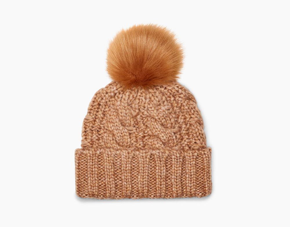 Ugg Beanies Womens - Ugg Knit Cable Faux Fur Pom Khaki - 370FOMGXQ